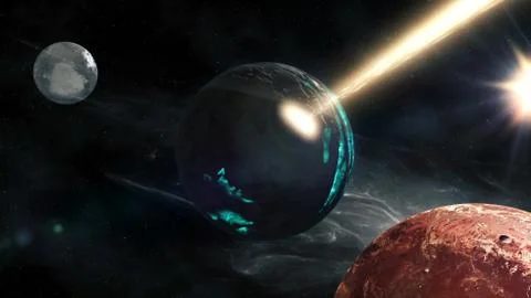 Flying through Star fields in space near the destroyed planet Stock Illustration