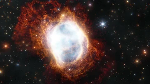 Flying through star fields towards a massive nebula. James Webb telescope photo. Stock Footage 201426751