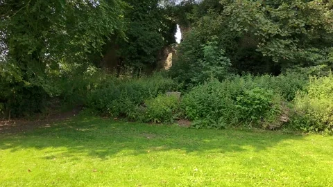 Flying through stone ruins in Templemore Park surrounded by greenery 스톡 동영상 332679435