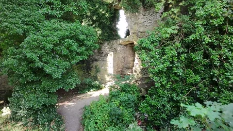 Flying through stone ruins in Templemore Park surrounded by greenery Stockbeeldmateriaal 332679498