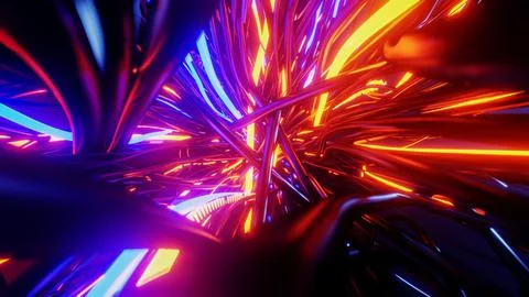 Flying through a tangle of colorful cables. 3D rendering illustration. Illustrazione stock