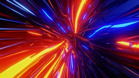 Flying through a tangle of colorful cables. 3D rendering illustration. Illustrazione stock