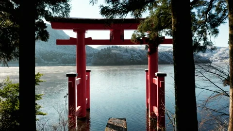 Flying through torii gate in Hakone drone Video stock 146109281