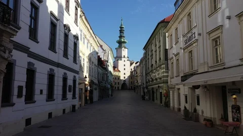 Flying through totally empty Michalska street in Bratislava with no people Stock Footage 127447761