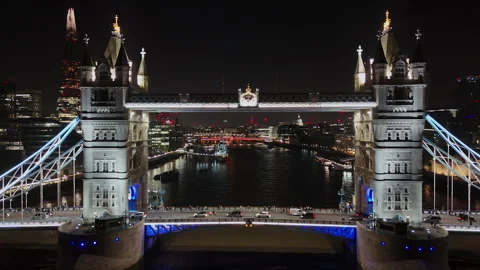 Flying Through Tower Bridge London at Night Stock Footage 346089312