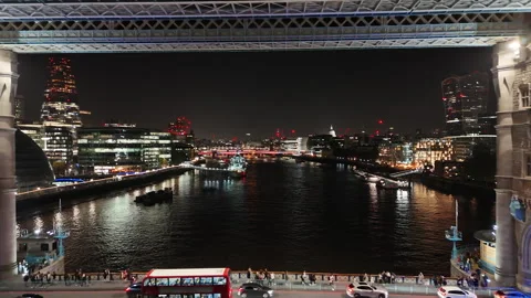 Flying Through Tower Bridge London at Night 02 Stock Footage 346089431
