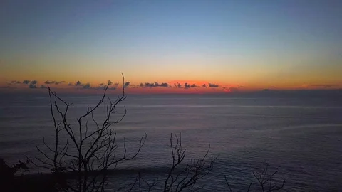 Flying through tree branches towards sunset. Seaside. Stock Footage 115900684
