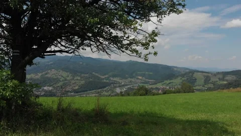 Flying through tree towards town Piwniczna. Beskids Sadecki in summer, Poland Stock Footage 139734002