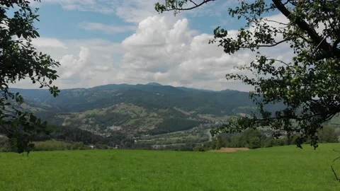 Flying through trees towards town Piwniczna. Beskids Sadecki in summer. Stock Footage 139733895
