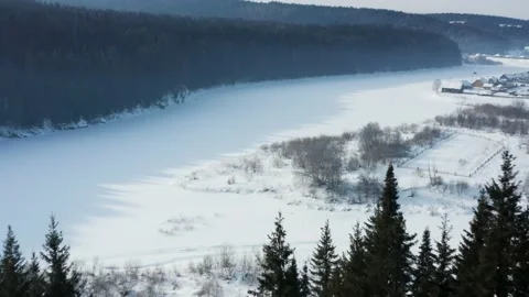 Flying through the trees to the village in winter Stock Footage 150916147