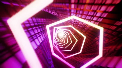 Flying through a triangular tunnel with neon lights. Infinitely looped animation Stock Footage 170764105