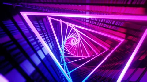 Flying through a triangular tunnel with neon lights. Infinitely looped animation Stock Footage 170765231
