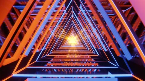 Flying through a triangular tunnel with neon lights. Infinitely looped animation Stock Footage 198357341