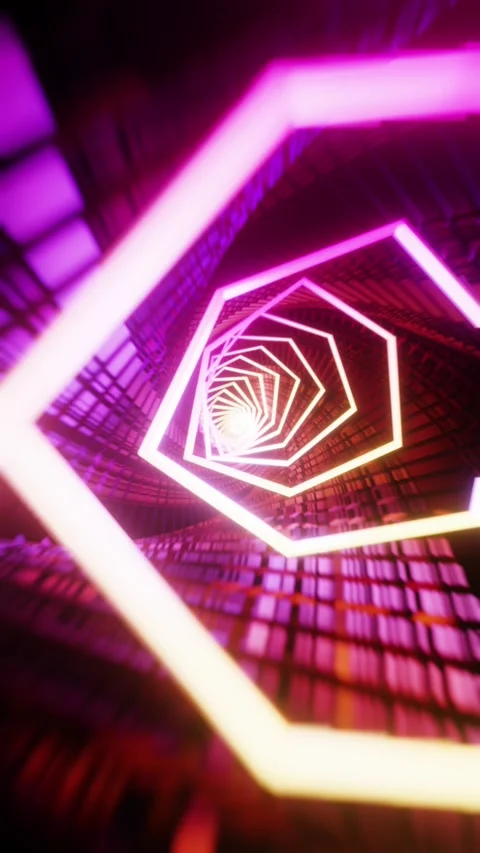 Flying through a triangular tunnel with neon lights. Vertical looped video Stock Footage 228025363