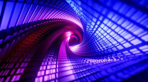 Flying through a triangular tunnel with neon walls. 3D rendering illustration. Illustrazione stock