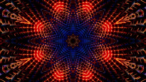 Flying through a tunnel of blue and orange metal cubes. Kaleidoscope VJ loop. Stock Footage 207427563