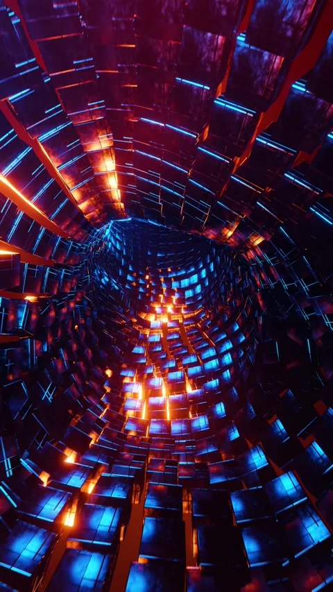 Flying through a tunnel of blue and orange metal cubes. Vertical looped video Stock Footage 228026475