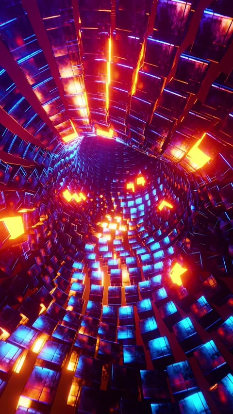 Flying through a tunnel of blue and orange metal cubes. Vertical looped video Stock Footage 229459880
