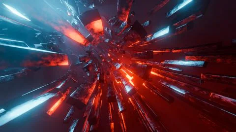 Flying through a tunnel in outer space. 3D rendering illustration. Illustrazione stock