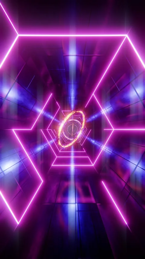 Flying through a tunnel with purple bars and yellow rings. Vertical looped .. Stock Footage 229459694