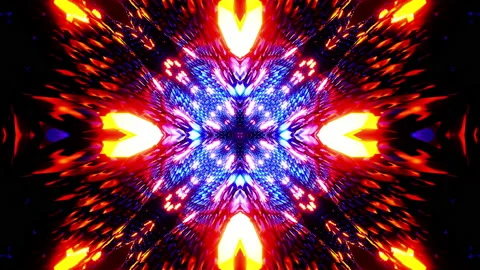 Flying through a tunnel with waves and neon light. Kaleidoscope VJ loop. Stock Footage 207423403