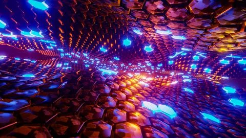 Flying through a tunnel with waves and neon light. 3D rendering illustration. Stock Illustration