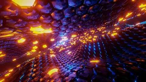 Flying through a tunnel with waves and neon light. 3D rendering illustration. Stock Illustration