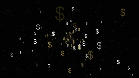 Flying through US dollar signs in particle space with stars. Moving from cent Stock Footage 217370056