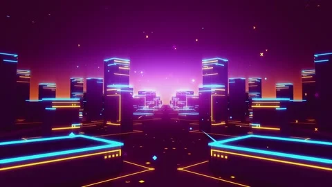 Flying through VJ City Loop in purple and orange Stock Footage 234310761