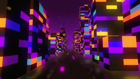 Flying through Vj Cube City with colorful buildings Stock Footage 234311757