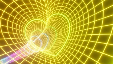 Flying Through Wireframe Grid Retro Neon Heart Shaped Glow 3D Tunnel Stock Footage 242535848