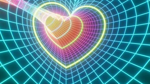 Flying Through Wireframe Grid Retro Neon Heart Shaped Glow 3D Tunnel Stock Photos