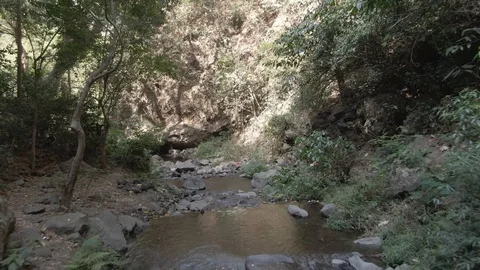 Flying through a Yeh Mempeh waterfall valley through trees and rocks Stock-Footage 121853399