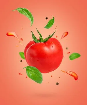 Flying tomato with splashes and basil leaves on red background. Stock Photos