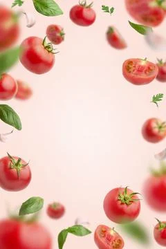 Flying tomatoes with basic = onion and garlic. Flying ingredients for tomato  Stock Photos
