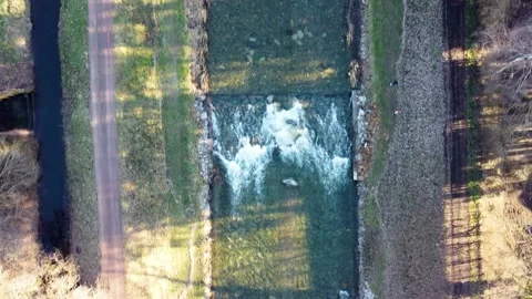 Flying topdown View Dreisam river in Freiburg 4K Stock Footage 152097931