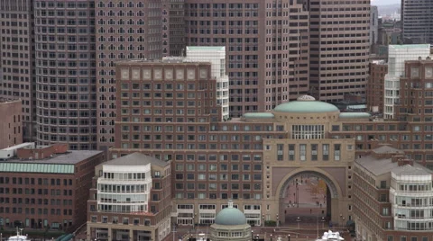 Flying toward arch of Boston Harbor Hotel. Shot in 2011. Stock Footage 59160877