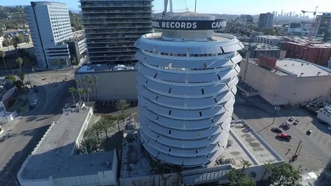 Flying toward Capital Record Building Stock Footage 83551326