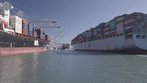 Flying Toward Container Ships Over the Water Stock Footage 85710977