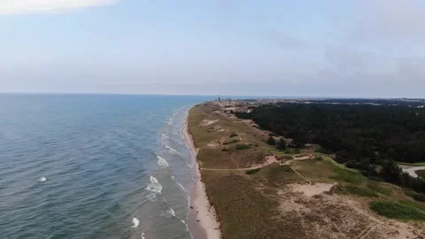 Flying towards Big Sable Point Lighthouse in Ludington Michigan Stock Footage 142177703