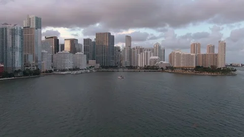 Flying Towards Brickell Key Drive at Sunset Stock Footage 112841123