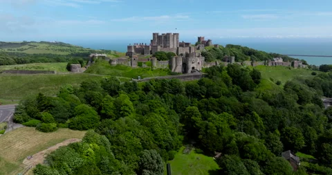 Flying Towards The Dover Castle With Blue Skies And Ocean In The Background. - Stock Footage 314640220