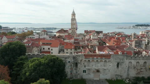 Flying towards historic bell tower of old town Split Croatia Stock Footage 142237655