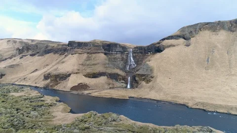 Flying Towards a Large 2 Level Waterfall in Iceland in 4k Video stock 90230975
