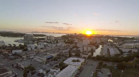 Flying Towards the Sunset in Miami Beach Stock Footage 49086841
