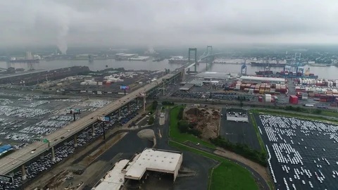 Flying Towards Walt Whitman Bridge Philadelphia on Stormy Day Stock Footage 79084697
