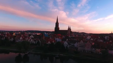 Flying towrds the Munster in Ulm Stock Footage 108876705