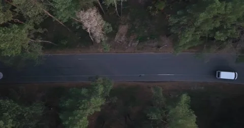 Flying, tracking the drone behind a white van, along a forest road with a Stock Footage 142127520