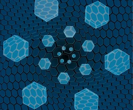 Flying transparent hex cells over the grid Ilustração Stock