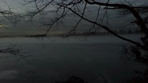 Flying into trees, introduction journey sunset.  frozen lake Stock Footage 169023357